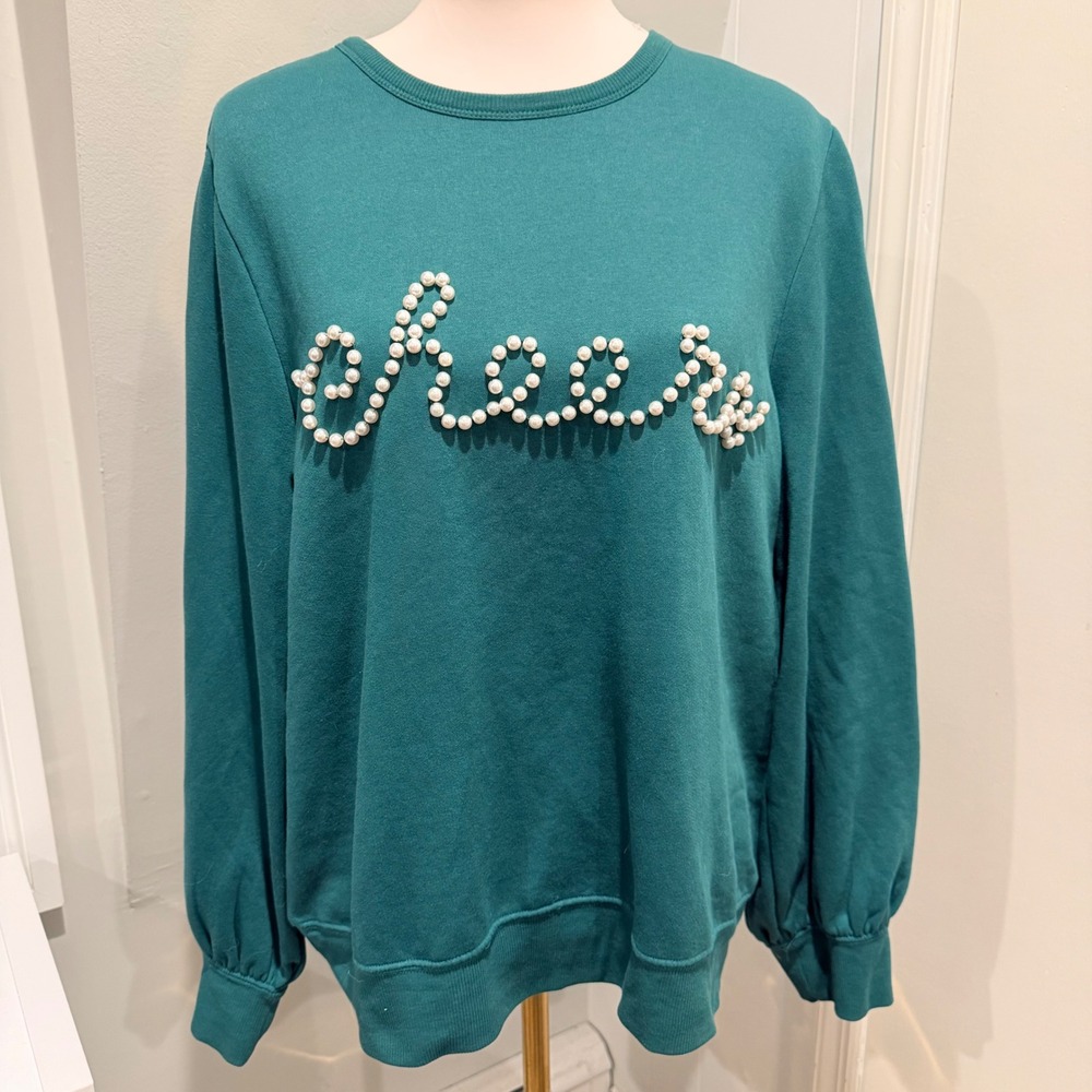 Caslon Green Cheers Faux Pearl Pullover Sweatshirt Festive | Size L